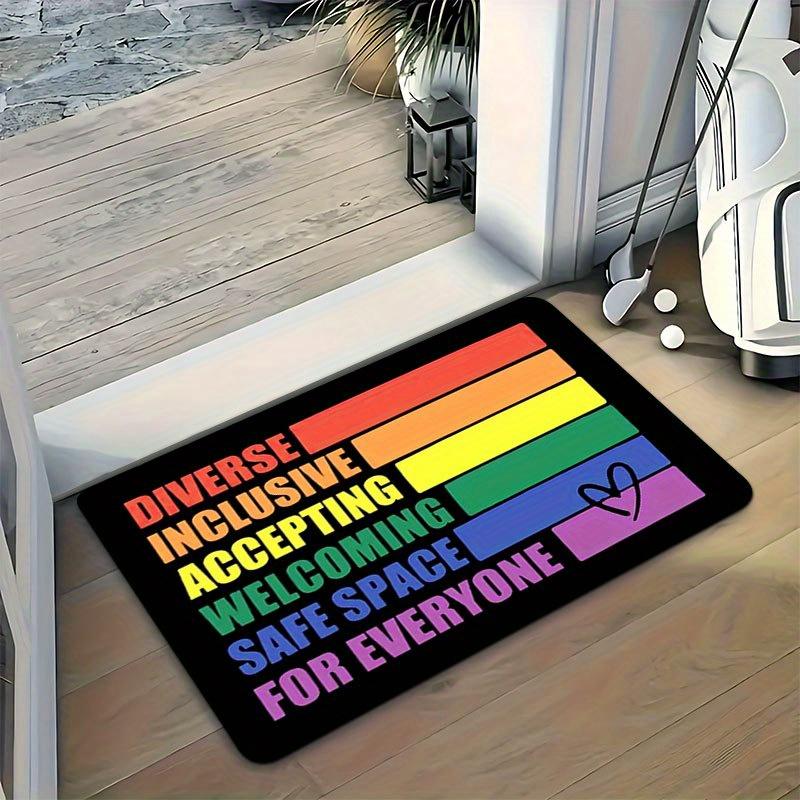 Rainbow Block Letter Non-Slip Doormat - Inclusive  Diversity Accepting Welcoming  Message with Heart Design, Soft Machine-Washab 40cm x 60cm