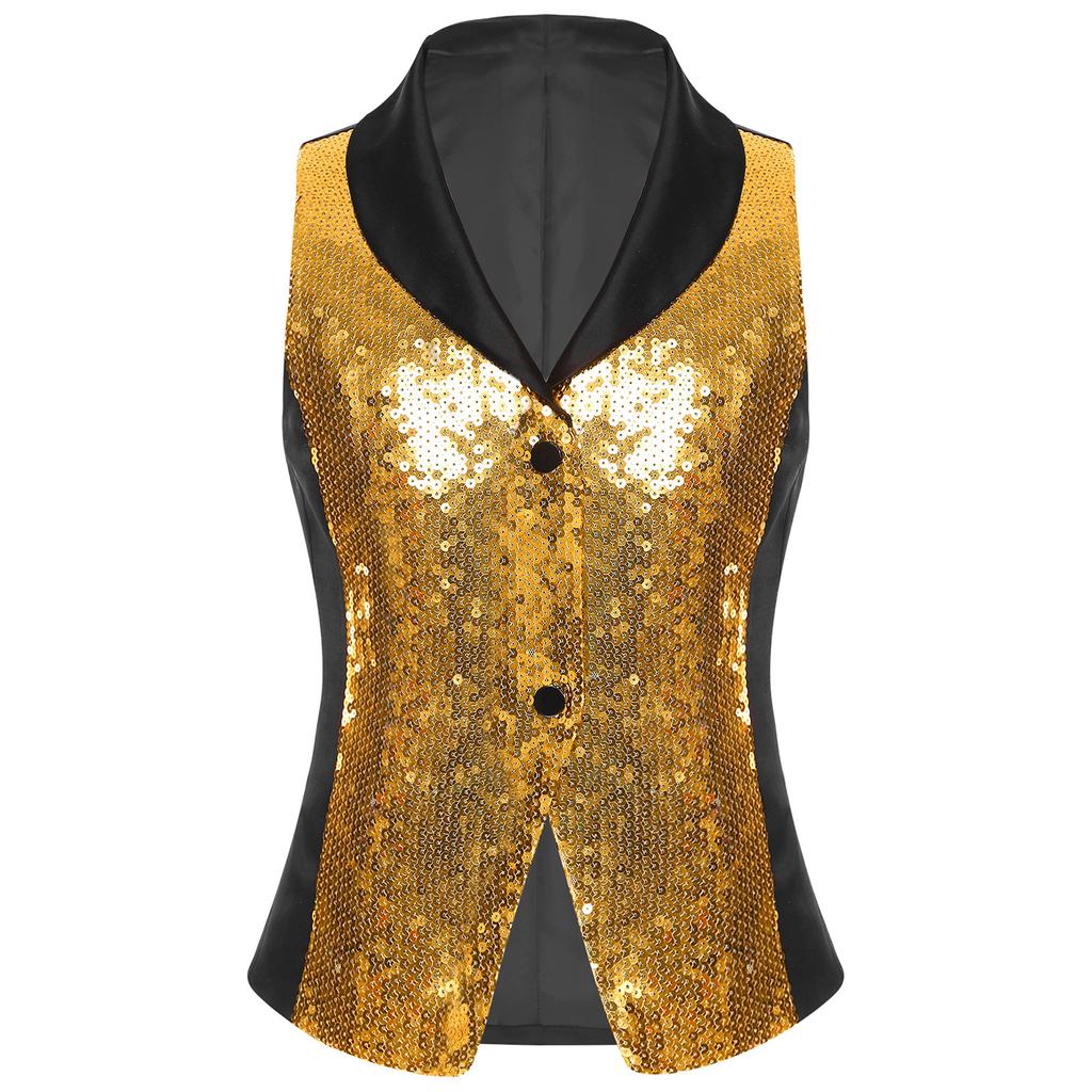 Třpytivá pódiová vesta pro dívky: Saténová vesta s kontrastními barvami, klopovým výstřihem a patentkami, Nezbytnost pro taneční kostým