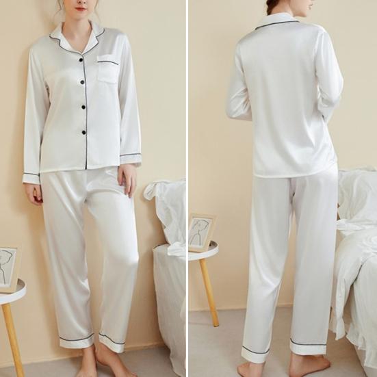 Yousheng 2 Pcs/Set Pajamas Suit Satin Single-breasted Cardigan Shirt V Neck Notch Collar Solid Color Shirt Wide Leg Loose Trousers Nighty Suit