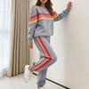 Damen 2-teilige Lounge-Outfits Regenbogen gestreiftes Sweatshirt High Waist Sweatpants Trainingsset Langarm Reise-Trainingsanzug