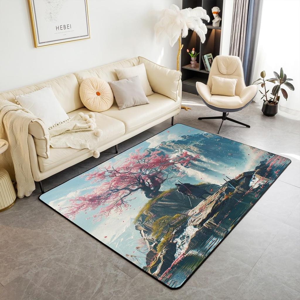 Japanese Samurai & Red Maple Print Area Rug, Non-Slip Floor Mat for Living Room Bedroom, Warrior Design Home Decor Carpet