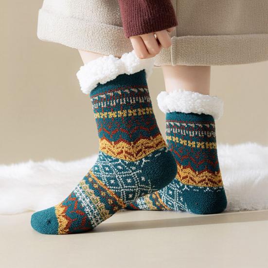 1 Pair Women Winter Socks Lamb Velvet Floor Socks Retro Ethnic Style Autumn Winter Calf Socks Daily Wear