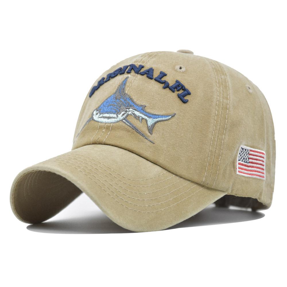 

Retro Cap Peaked Style Shark Embroidered Baseball Cap Large Brim Adjustable Size хаки