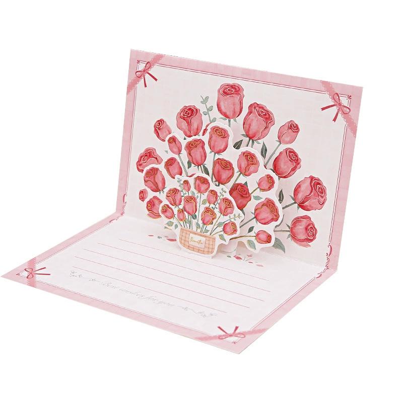 1PC Paper Postcard 3D Greeting Card Creative Roses Birthday Gift Card Sunflowers Bouquet Pop-Up Tulips