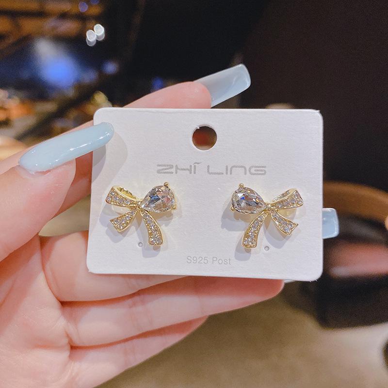 S925 Silver Zirconia Bow Earrings - 2022 Korean Niche Design for Women Gold 2A708