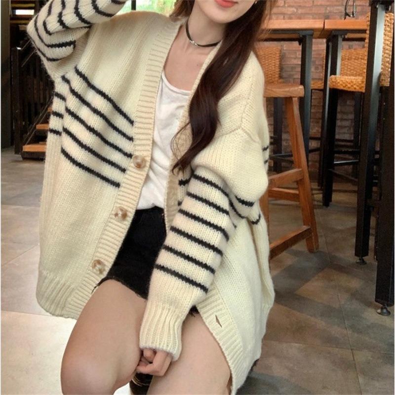 Contrasting stripes white knitted cardigan jacket new autumn and winter loose lazy college long-sleeved sweater top