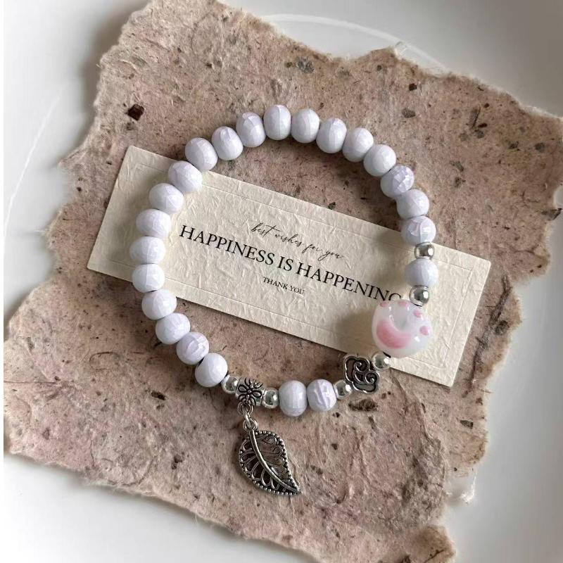Boho Keramik Perlen Armband für Damen Zartrosa Rund mit Marmor Quadratischen Perlen, Elastisches Dehnbares Design für den Alltag & Geschenk