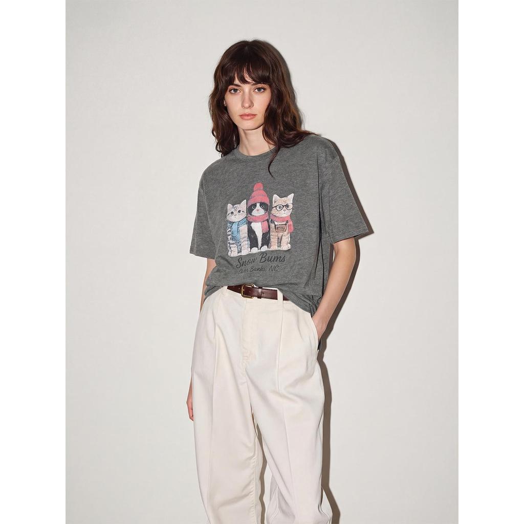 Grey Crew Neck Short Sleeve T-Shirt Women's Summer New Cat Print T-Shirt