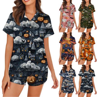 Women's Ice Silk Pajamas Button Home Clothes Halloween Printed Short Sleeve Satin Pajama Set