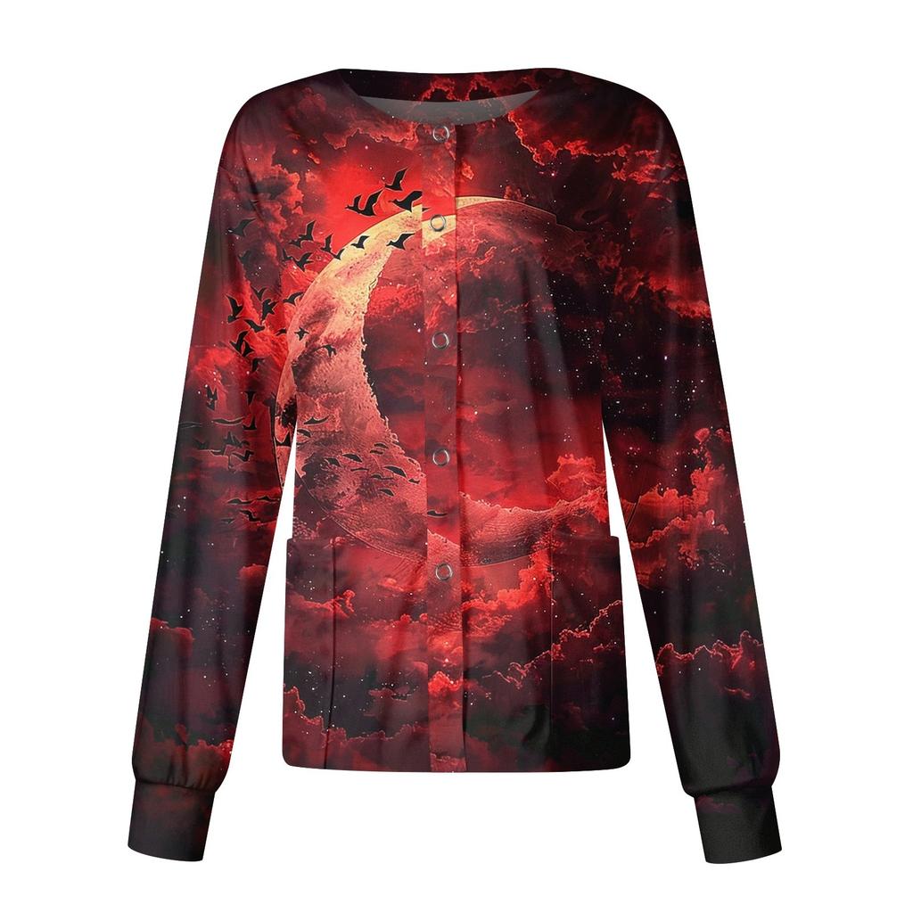 Women's Halloween Printed Casual Long-sleeved Single-breasted Work Uniform Cardigan Top