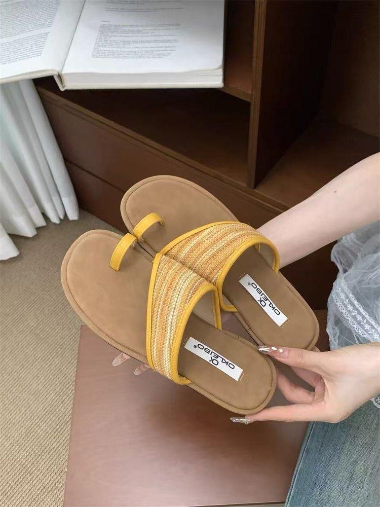 

Богемные плетеные шлепанцы с плоской подошвой для женской летней носки 2025 новая пляжная обувь праздничные прохладные шлепанцы для женщин 35