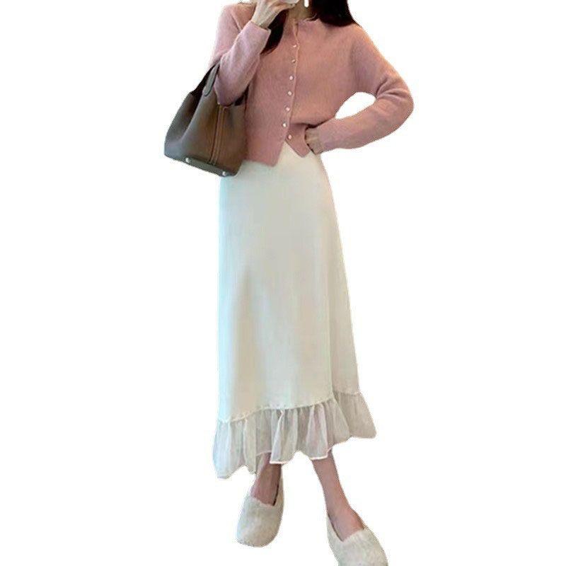 Mesh Splicing Knitted Half Skirt Small Stature, Autumn and Winter Fashion High Waist A-line Skirt, Mid Length, Hip Hugging Skirt