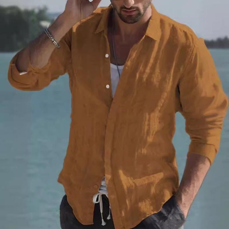 Men's Cross-Border Linen Spring and Summer Beach Long Sleeve Solid Color Casual Shirt Daily Shirt