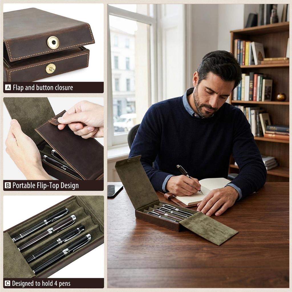 CONTACT'S Crazy Horse Leather Pen Case 4 Slots Business Gifts