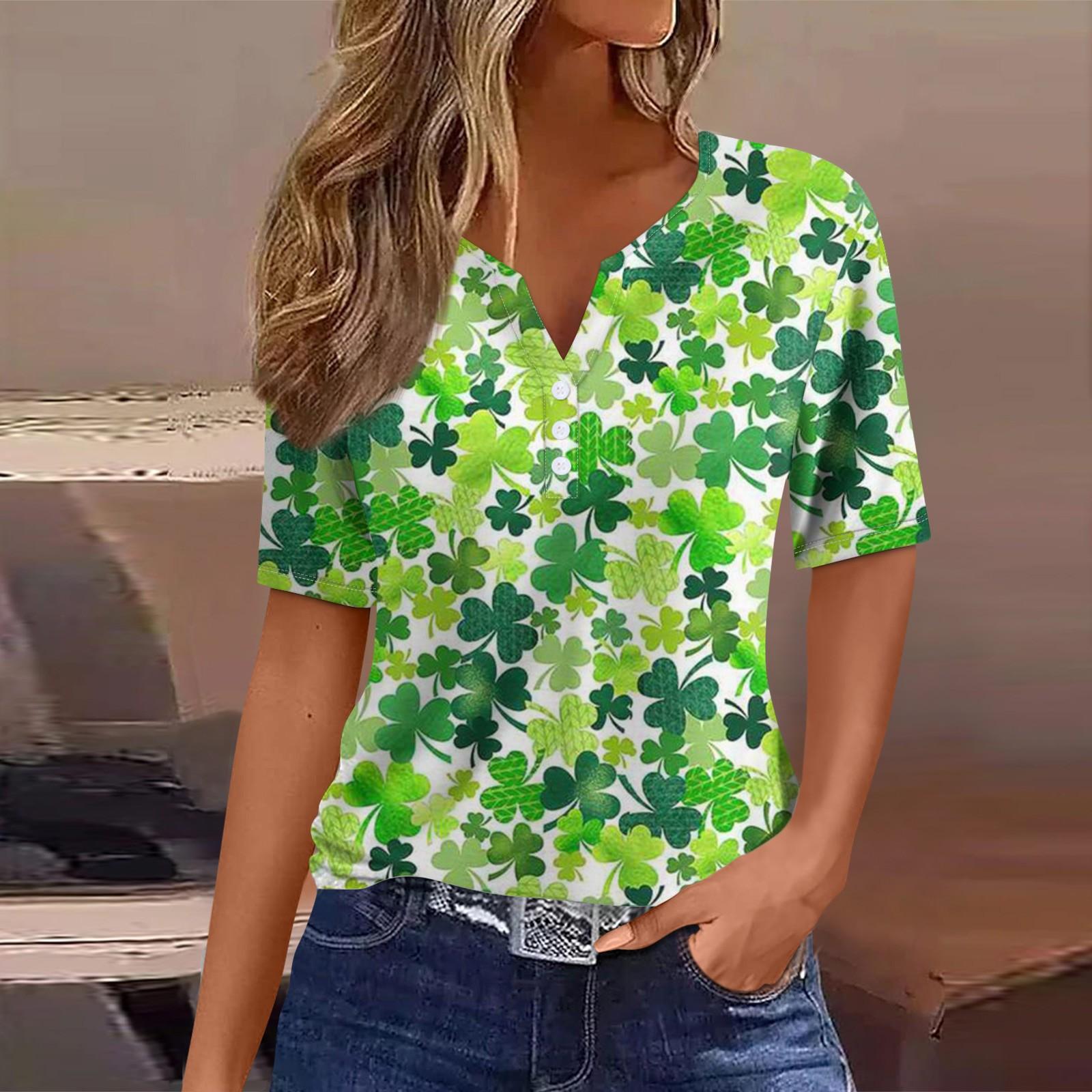 

Женская футболка Tee St. День Святого Патрика Принт Пуговица Короткий рукав Повседневный Выходной Модный Базовый V-образный вырез Обычный Топ XL