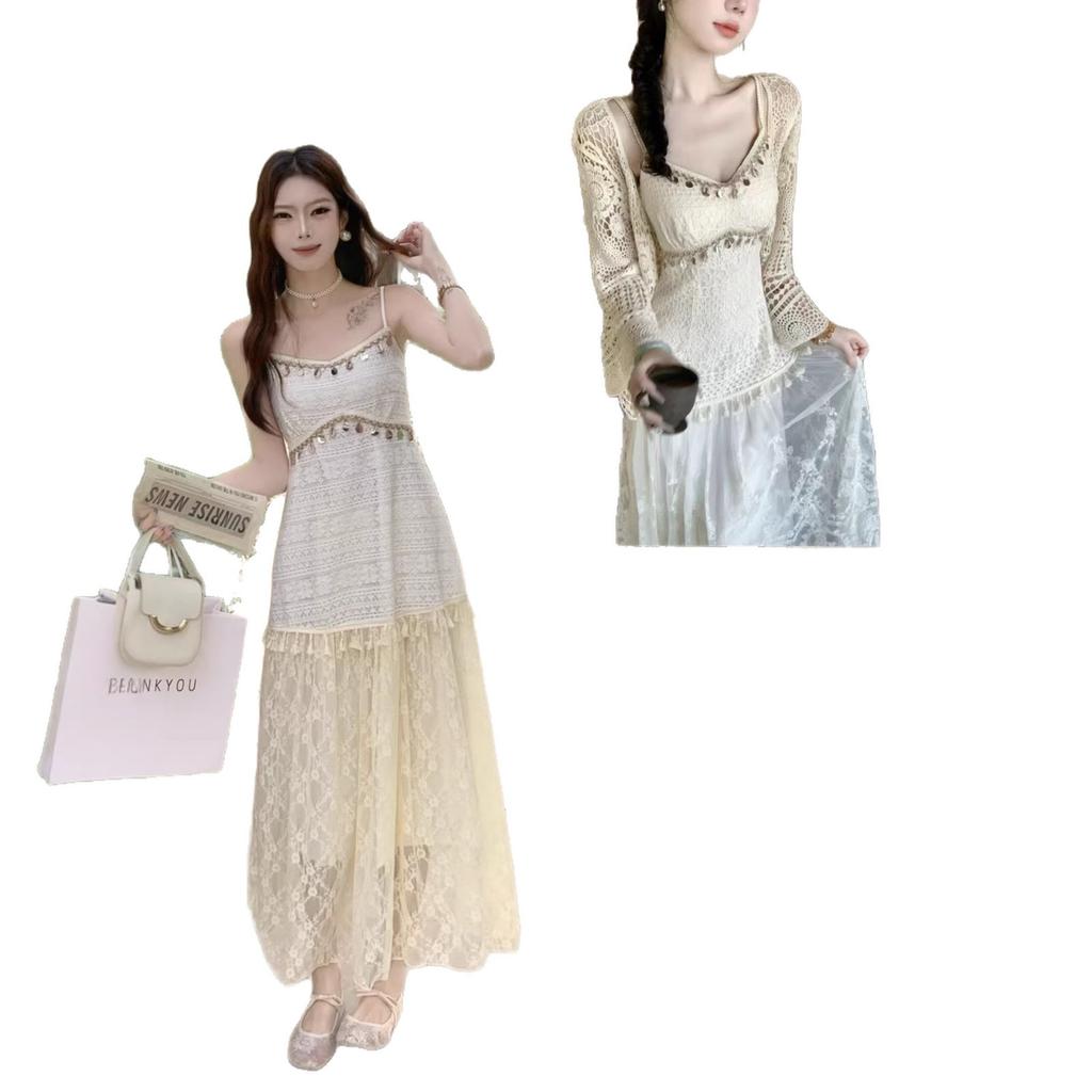 High-end Ethnic Style Heavy Industry Lace Splicing Skirt New Summer Hollow Fringed Suspender Beautiful Dress