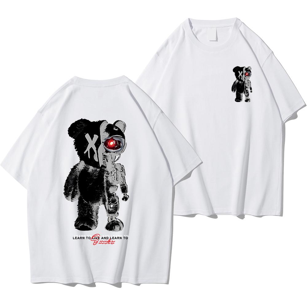 Bomull Halv en teddybjørn, halv en robotbjørn trykt herre-t-skjorte avslappet bomull sommerklær pustende topper løs mote t-skjorte