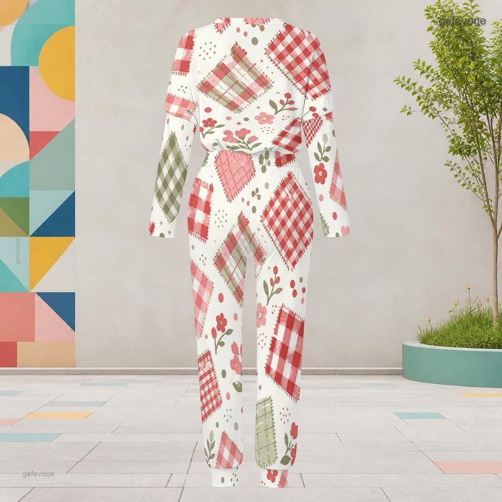 Women Plus Size Round Neck Long Sleeve Red White Plaid Printed Pocketed Cuffed Top Cuffed Pants Two Piece Set