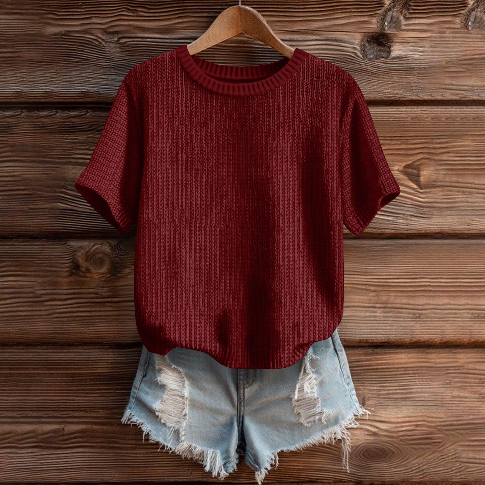 

Женский милый свитер вязаный модный повседневный с круглым вырезом и короткими рукавами уютный топ с принтом L винный