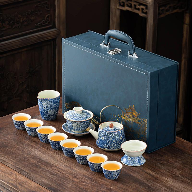 Tea set household ceramic retro set Guochao flower glaze color light luxury tea set activity gifts can be customized