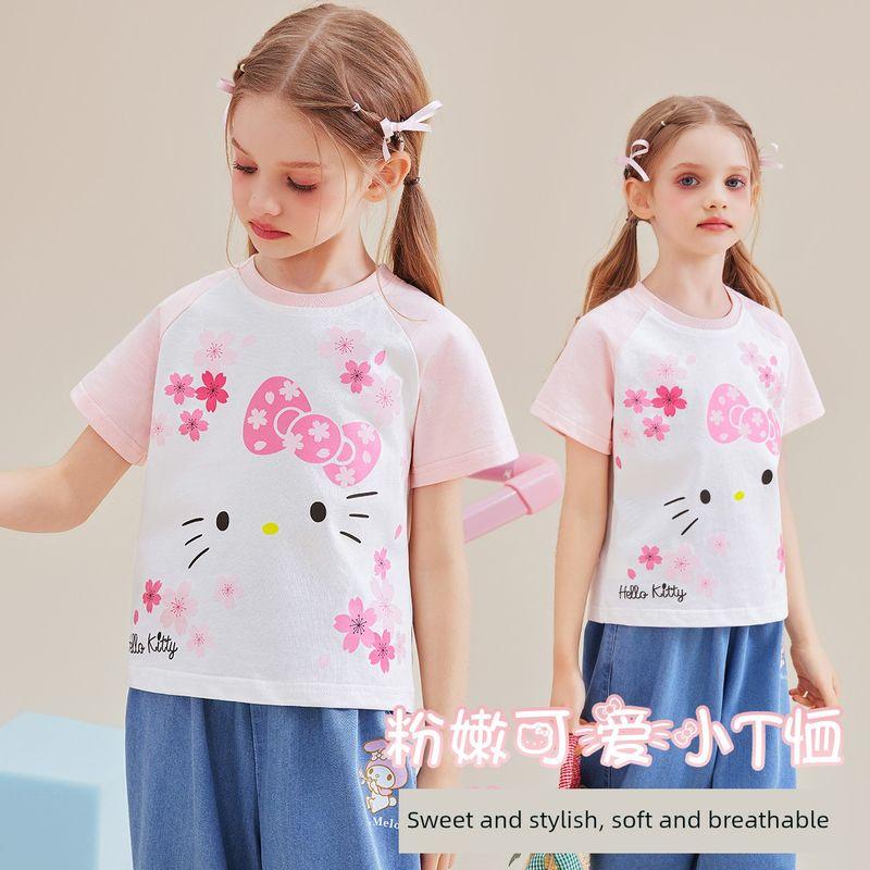 Hello Kitty Girls  Short-Sleeved T-Shirt 2025 New Summer Pink Cartoon Cute Summer Top for Older Girls White 160