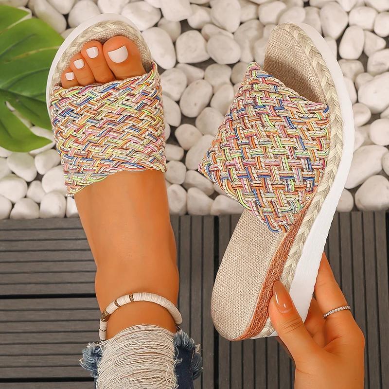 Fashion Fashion Mix Color Woven Sandals Women 2025 Summer Wedge Heel Bohemian Sandals Woman Lightweight Platform Sandles Plus Size 36-43