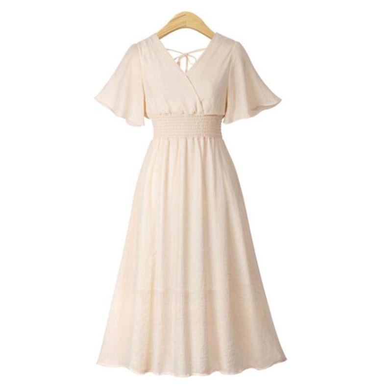 

Women s European Solid Color Chiffon Short Sleeve Dress Apricot 4XL