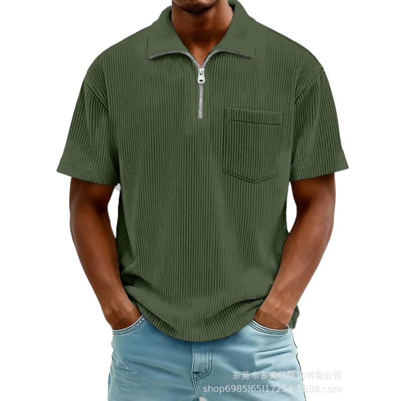 Mens Casual Solid Color Half Zip Short Sleeve Polo Shirt