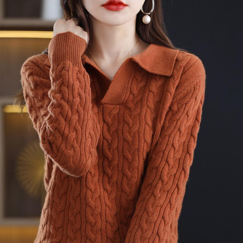 

Autumn/Winter 2025 Retro Polo Collar Cashmere Sweater - High-End Knitted Cable Base Layer L