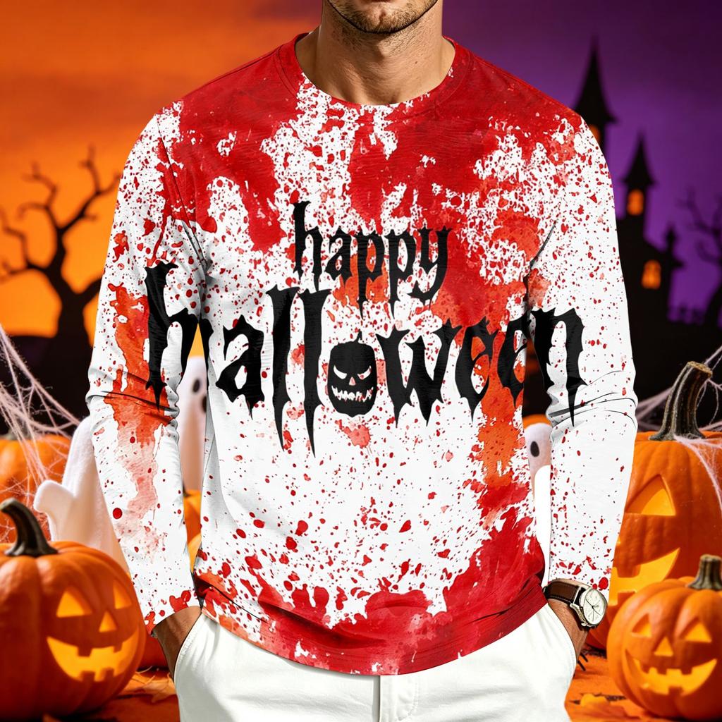 Men's Casual Long Sleeve Halloween Printed T-Shirt for Everyday Wear