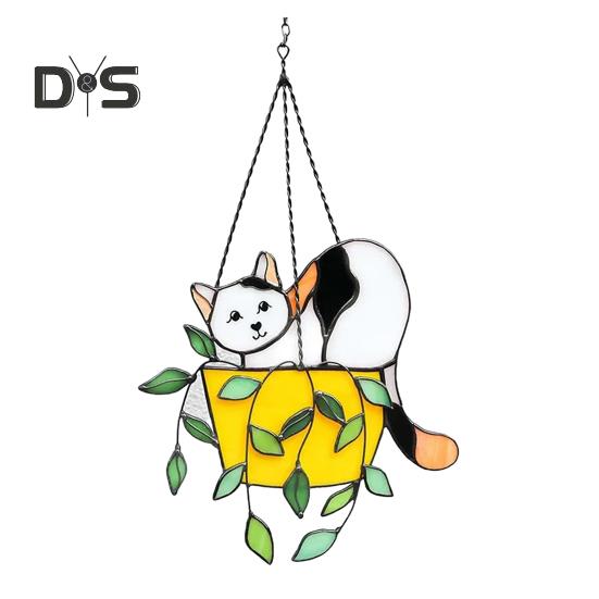 

Кот в цветочном горшке, подвесное украшение для дома, офиса, в помещении, на открытом воздухе, настенное искусство, акриловое витражное стекло, горшок с котенком, подвесной орнамент, рождественский подарок Large белый