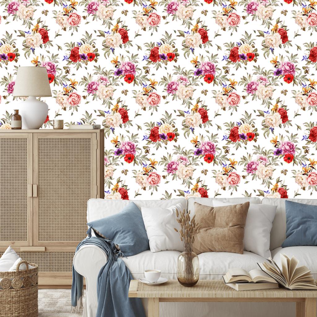 Colorful Peonies and Watercolor Wallpaper for Living Room and Bedroom 50x1000