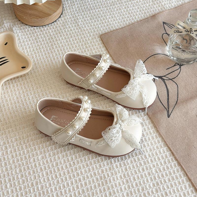 Mädchen Prinzessin Schuhe Mesh Spitze Schleife Kinder Ballerinas Runde Zehen Süß 2025 Neu Mädchen Lederschuhe für Party Hochzeit Niedlich Perle