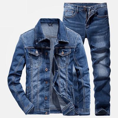 Men's Simple Slim Fit Stretch Denim Suit, Long Sleeve Jacket and Pants, Business Casual Jeans Sets, Spring Daily Wear, 2-Piece