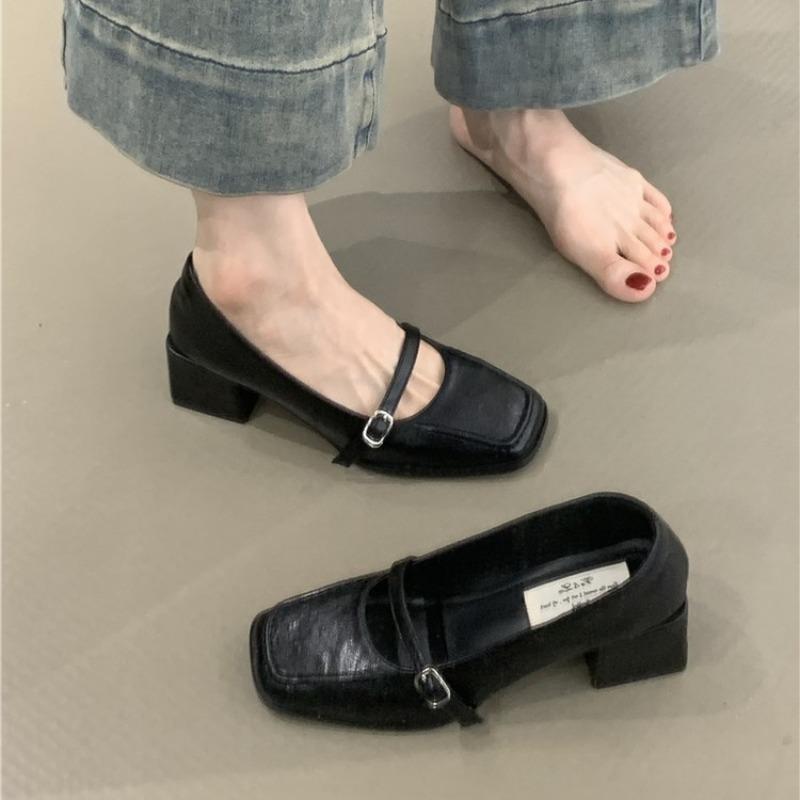 Fashion 2025 Ultra Soft Retro Square Head Slip-On High Heel Mary Jane Women's Shoes French Style Thick Heel Autumn Polyurethane Upgrad