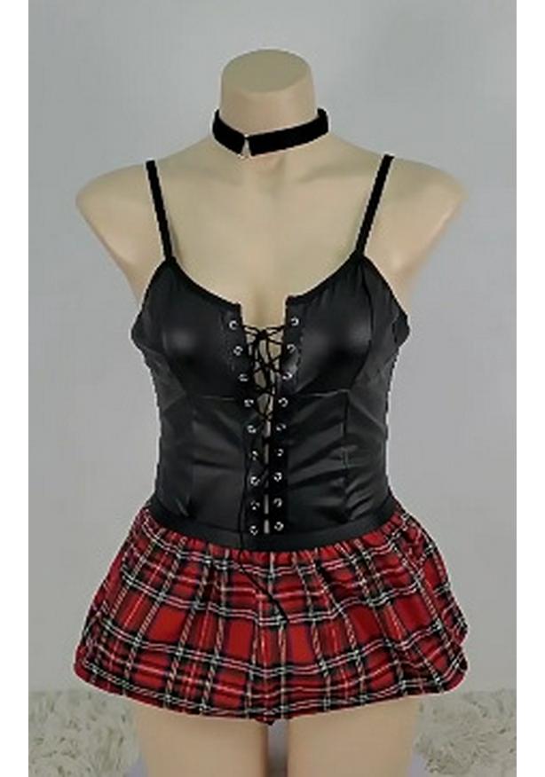European & American Sexy PU Lingerie Set: Strappy Bodysuit, Waist Protector, Ultra-Short Skirt