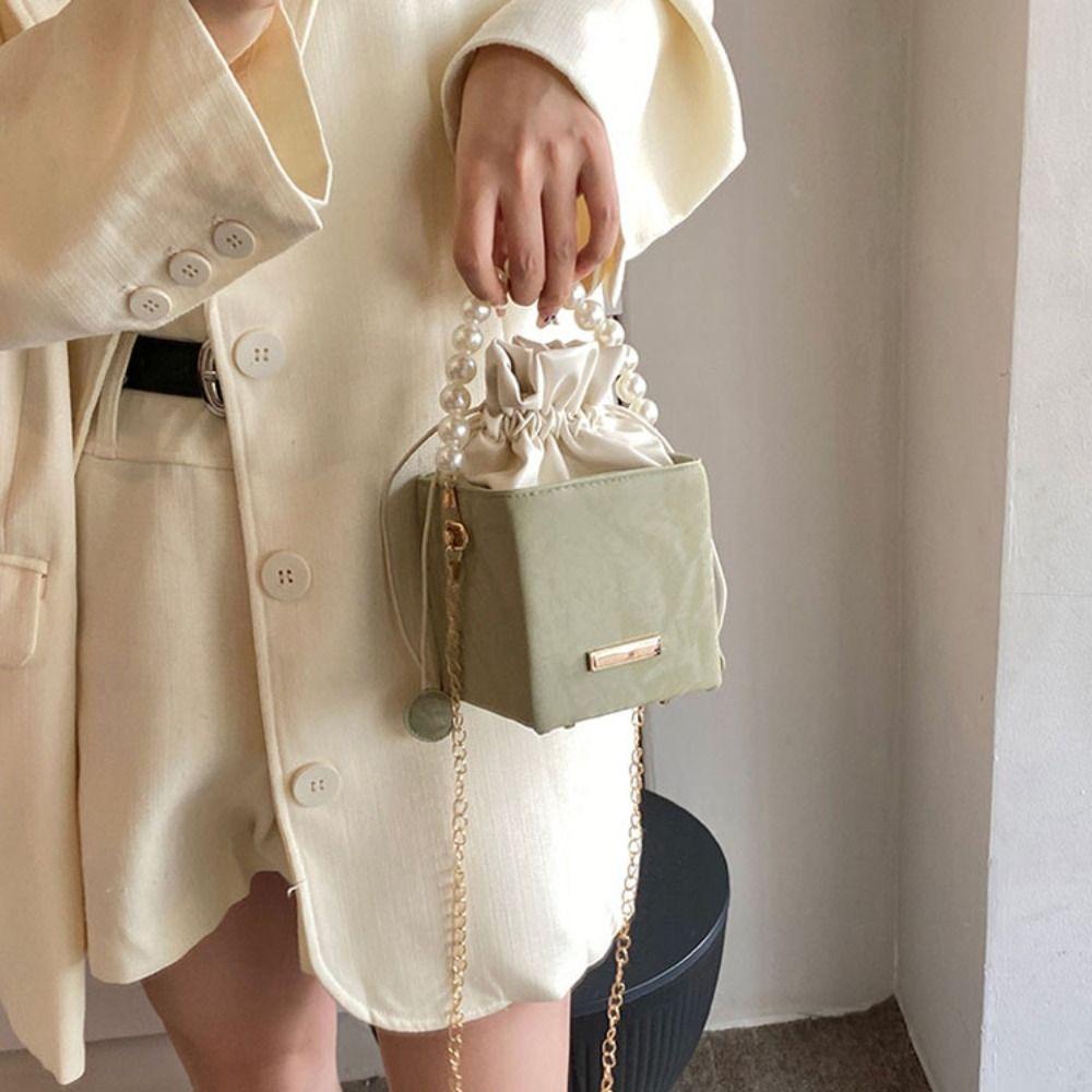 Pearl Waist Bag Fashion Chain Handbag Gifts All-match Drawstring Handbag Vintage Shoulder Crossbody PU Leather Small Square Bag