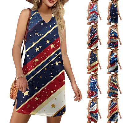 Women's V-neck Summer Casual Beach Vacation Women's Sleeveless Independence Day Print Sundress