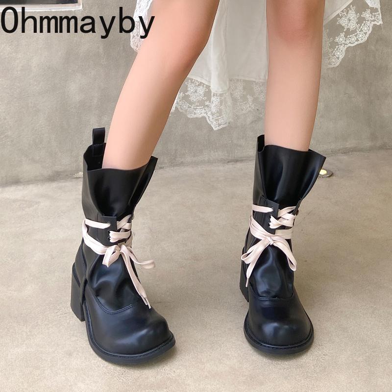 Autumn Winter Corss Strap Women Mid Calf Boots Fashion Slip On Square Heels Shoes Female Modern Trouser Legs Booties