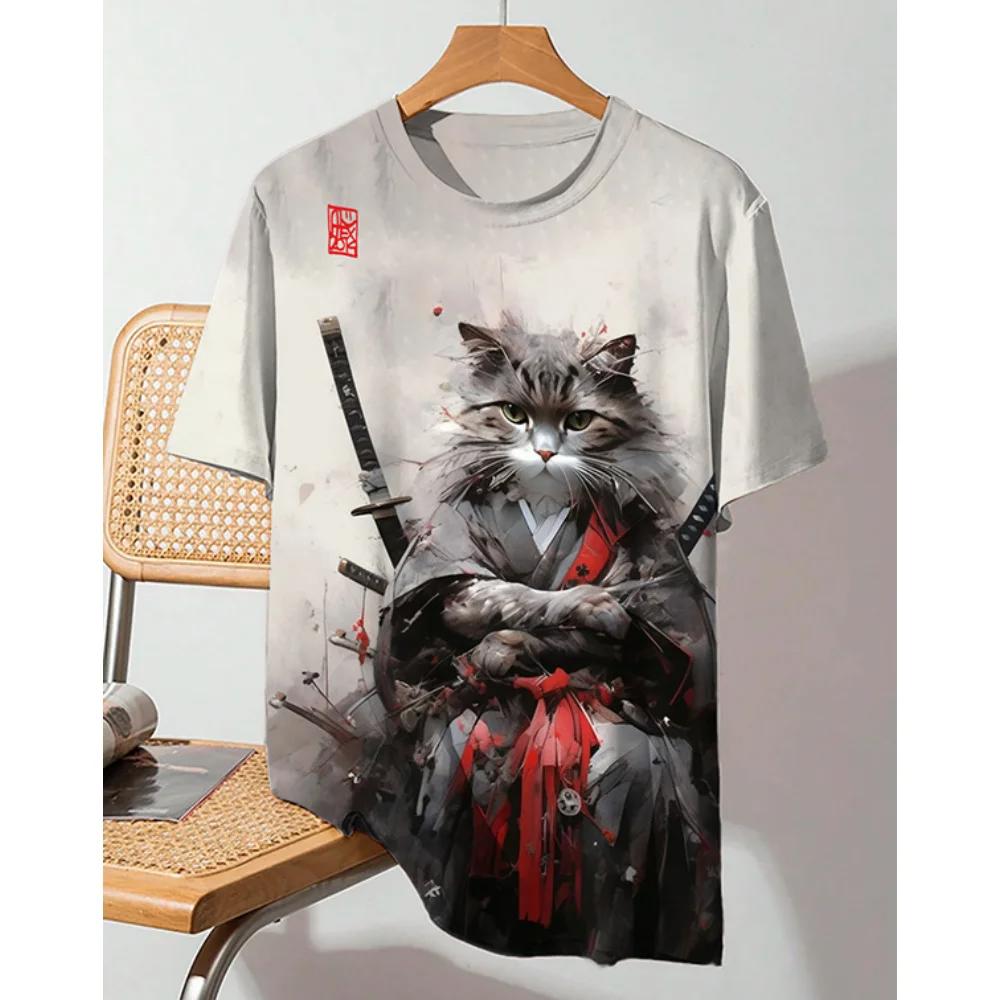 Erkek Tişörtü Japon Tarzı Samuray Kedi Grafik 3D Baskılı Tişört Rahat Kısa Kollu Tişört Açık Hava Büyük Boy Erkek Giyim Üstleri