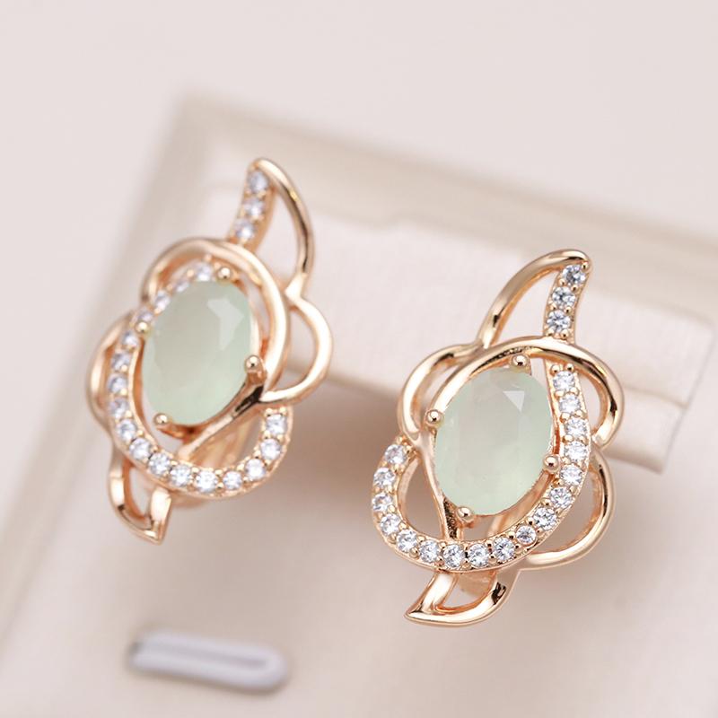 Neue smaragdgrüne ovale Zirkon-Ohrringe Roségoldfarben Clip-Ohrring Einlage Natürlicher Zirkonkristall Blume Party-Schmuck