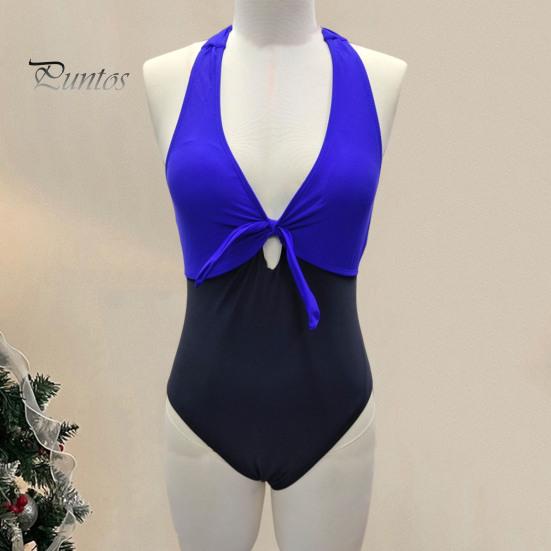 Women Sexy Summer Monokini Halter Deep V-Neck One-piece Swimsuit Patchwork Color Bowknot Decor High Waist Backless Beachwear