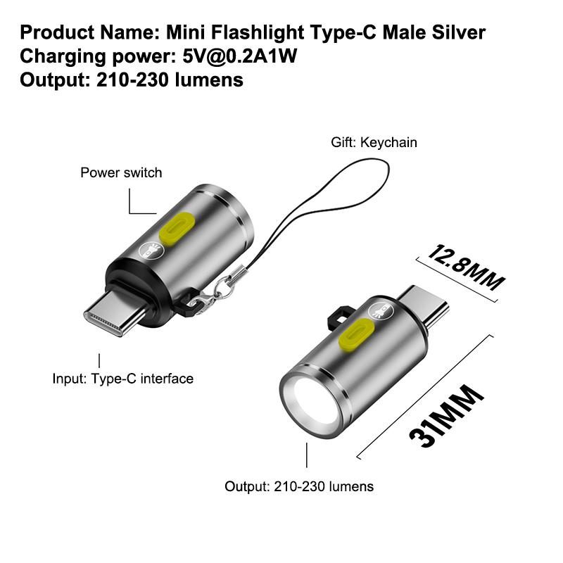 Portable Type-C Mini Flashlight Phone Keychain Usb-C Electric Torch Nightlight Table Lamp For Riding Sports Outdoor Camping