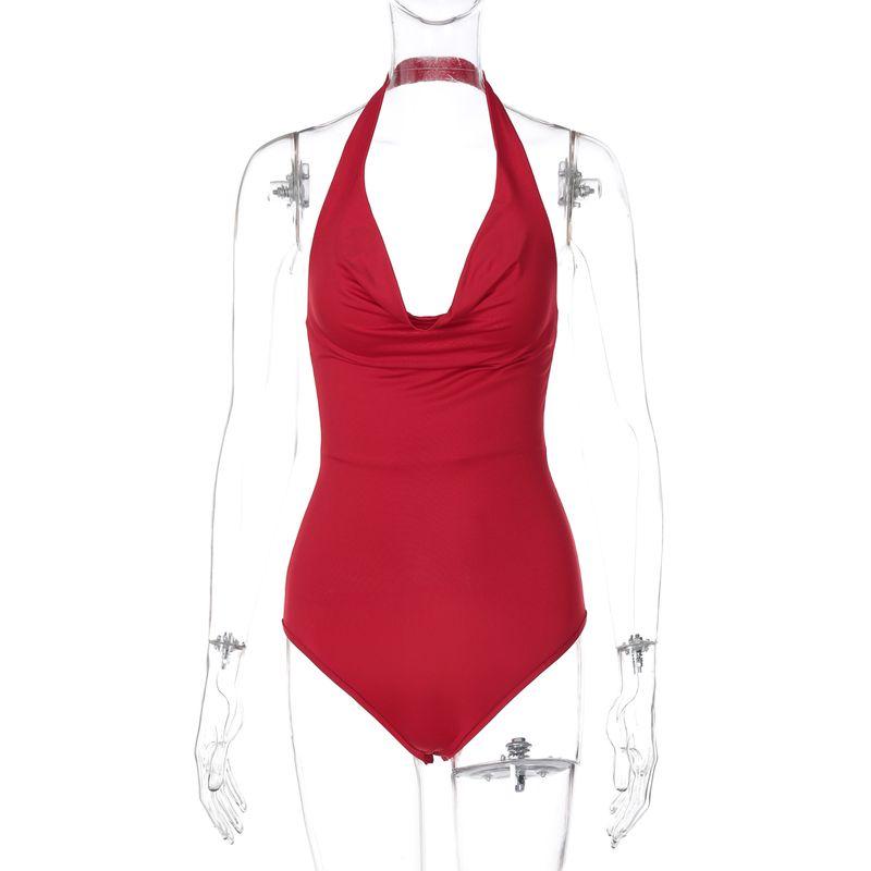 

Shemoda Fashion Ins Style Swing Collar Halterneck Bare Back Pure Color Stretch Silm Hidden Hook Sexy Jumpsuit Women Red S