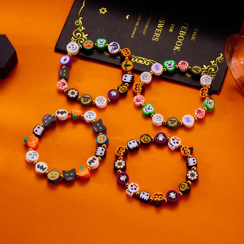 Halloween Pumpkin Ghost Skull Charm Bracelet for Women Colorful Polymer Clay Resin Beads Bracelets Girls Party Jewelry Accessory