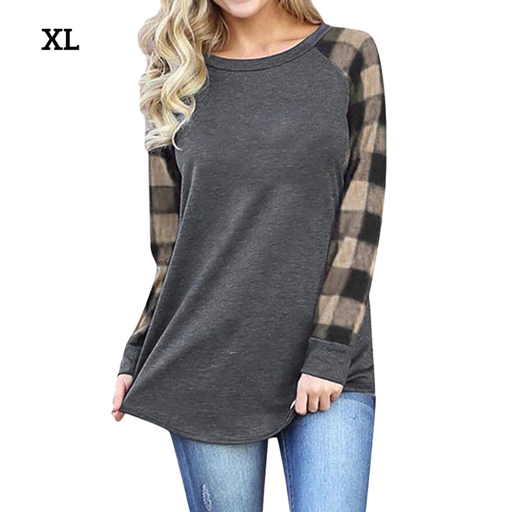Damen T-Shirt Rundhals Langarm Splicing Karomuster Casual Oberteil