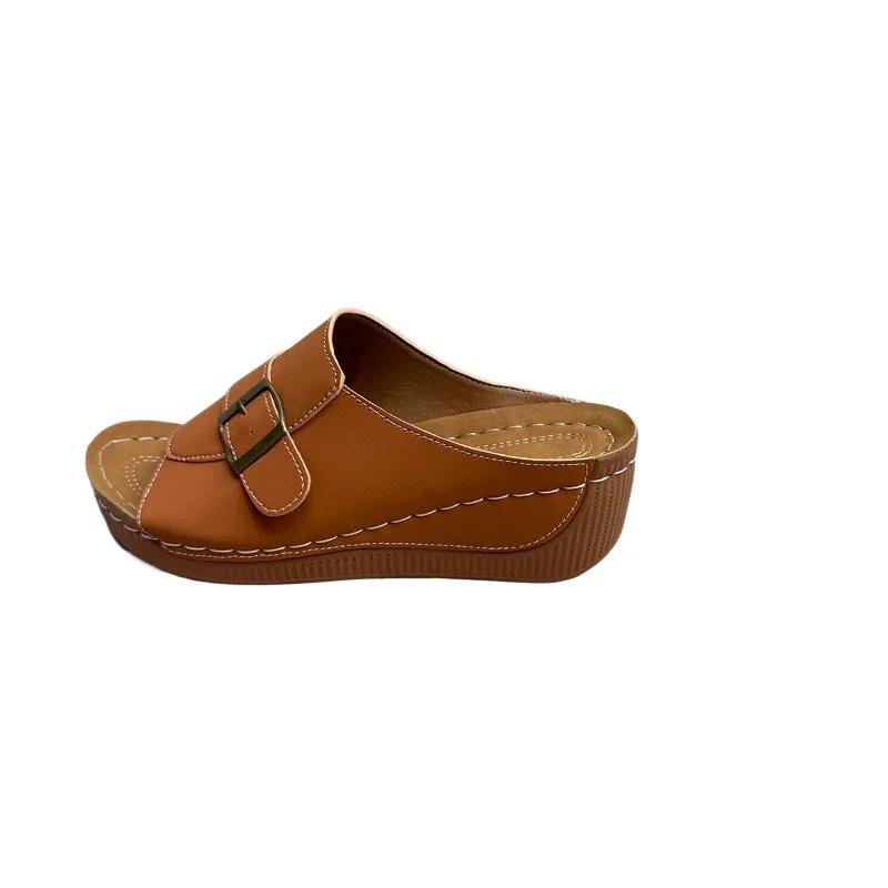 Fashion 2025 Summer Plus Size Women's Open Toe Slippers Outdoor Casual Round Toe Buckle Wedges Sandals for Comfortable Daily Slippers