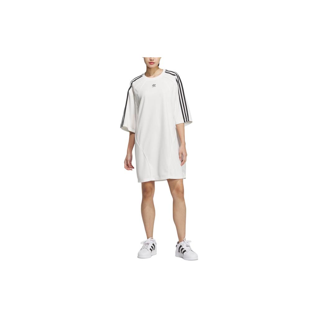 Adidas Originals Oversized Tee Dress Sports Comfortable Loose Three Stripes Round Neck Short Sleeve Dress Women Dresses White JD5773