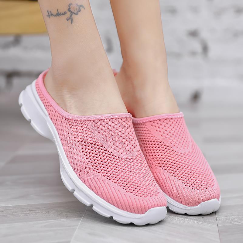 Unisex Slip-on Flats Round Toe Half Slippers Knitted Mesh Walking Shoes Lightweight Big Size 35-48 Leisure Shoes Anti-slip