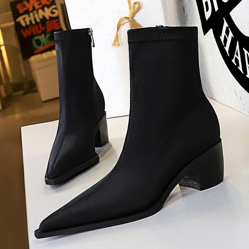 

sexy Women Boots silks satins Ankle boots Comfort Elastic Short Boots pointed end Thick Heel Female Boots Autumn Shoes 34 чёрный